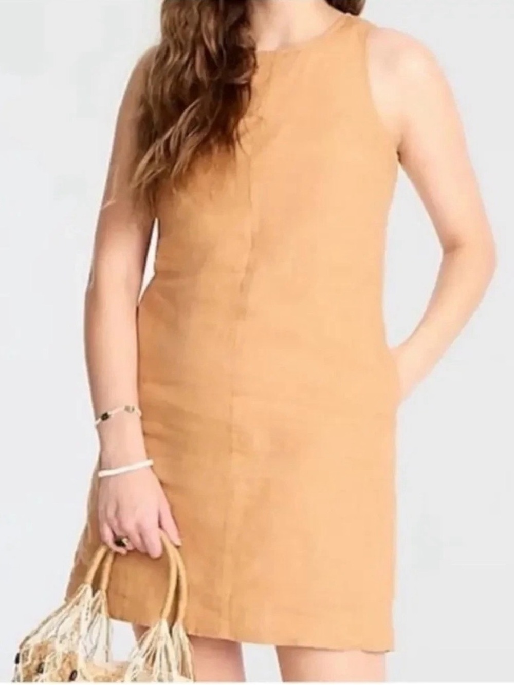 J. Crew Camel Tan Button Back Linen Sleeveless Shift Dress Size MT Medium Tall